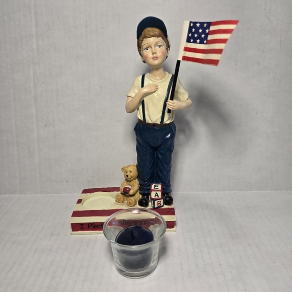 Pledge Allegiance Tea Light Holder Young Boy Holding American Flag Cloth - Picture 5 of 9